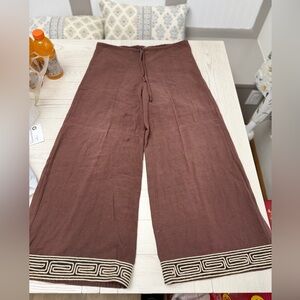 Brown Wide Leg Knit Pants with Geometric Hem